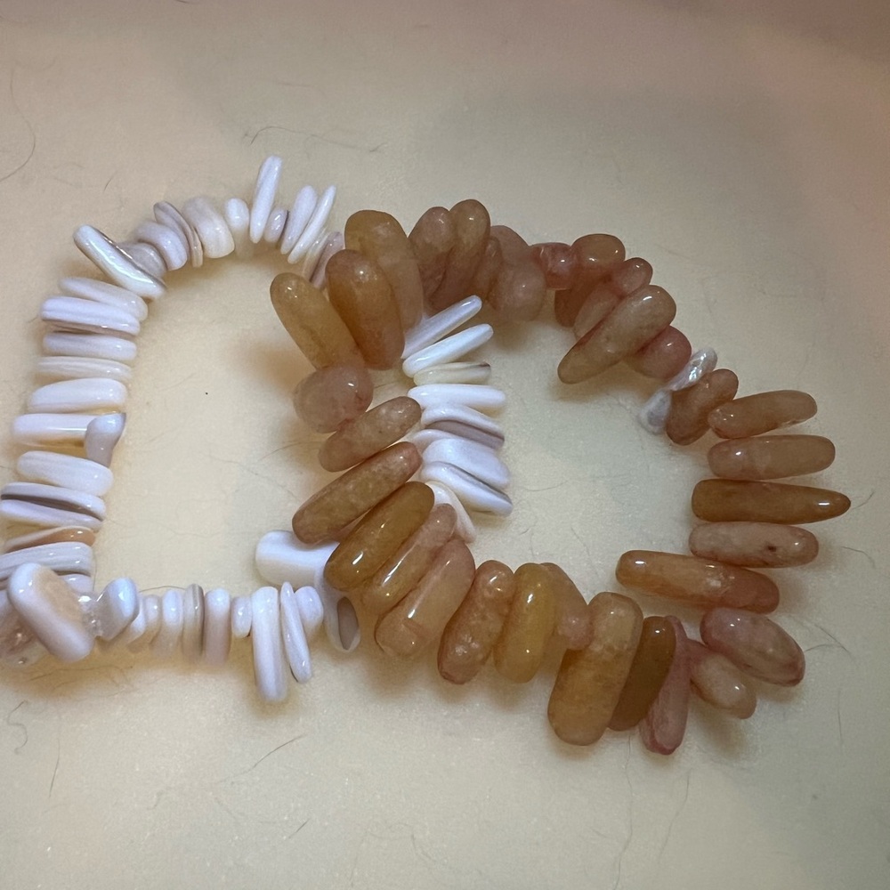 Handmade White Shell & Peach Stone Stretch Bracelet Set